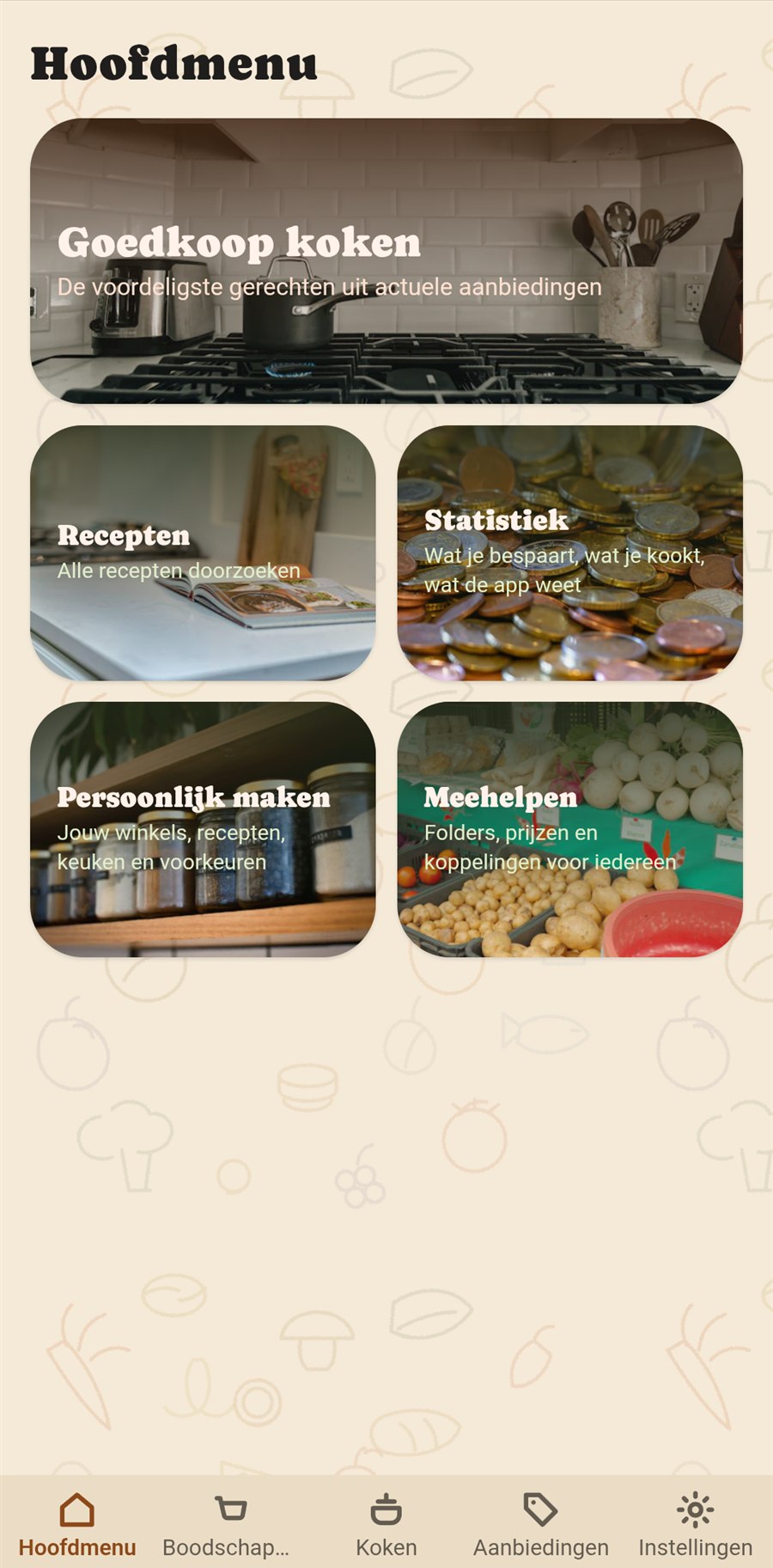 Das Hauptmenü der App mit Fotokacheln: Günstig kochen, Rezepte, Statistik, Individualisieren, Mitwirken