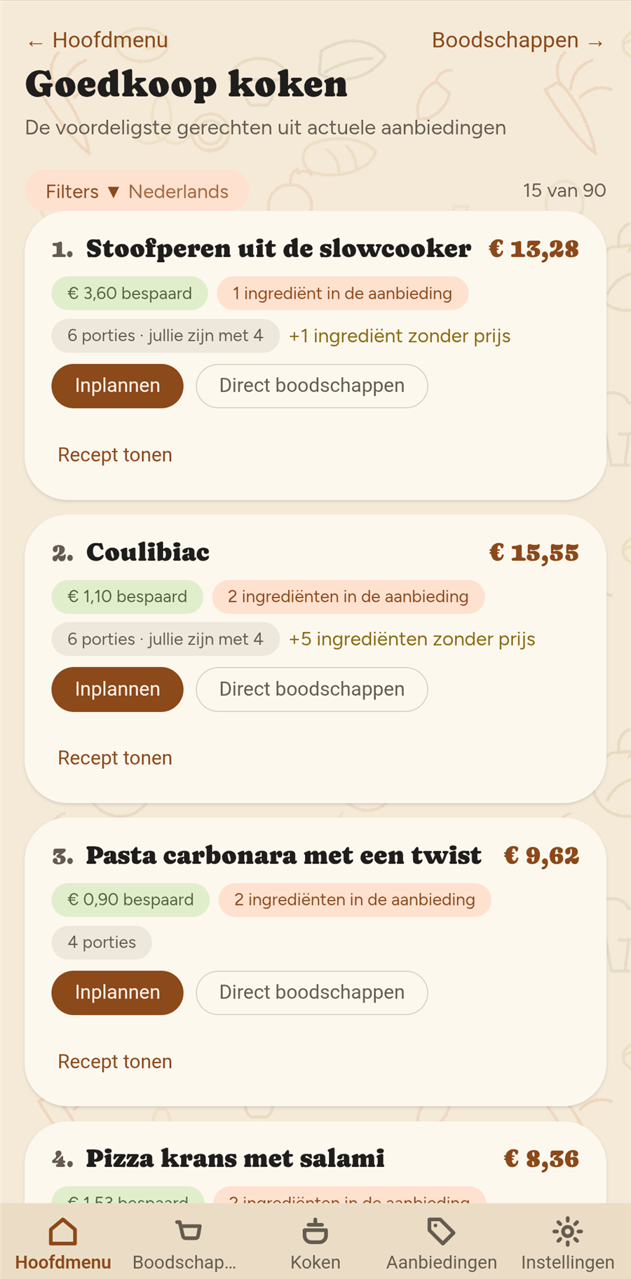 Die Vorschlagsliste „Günstig kochen