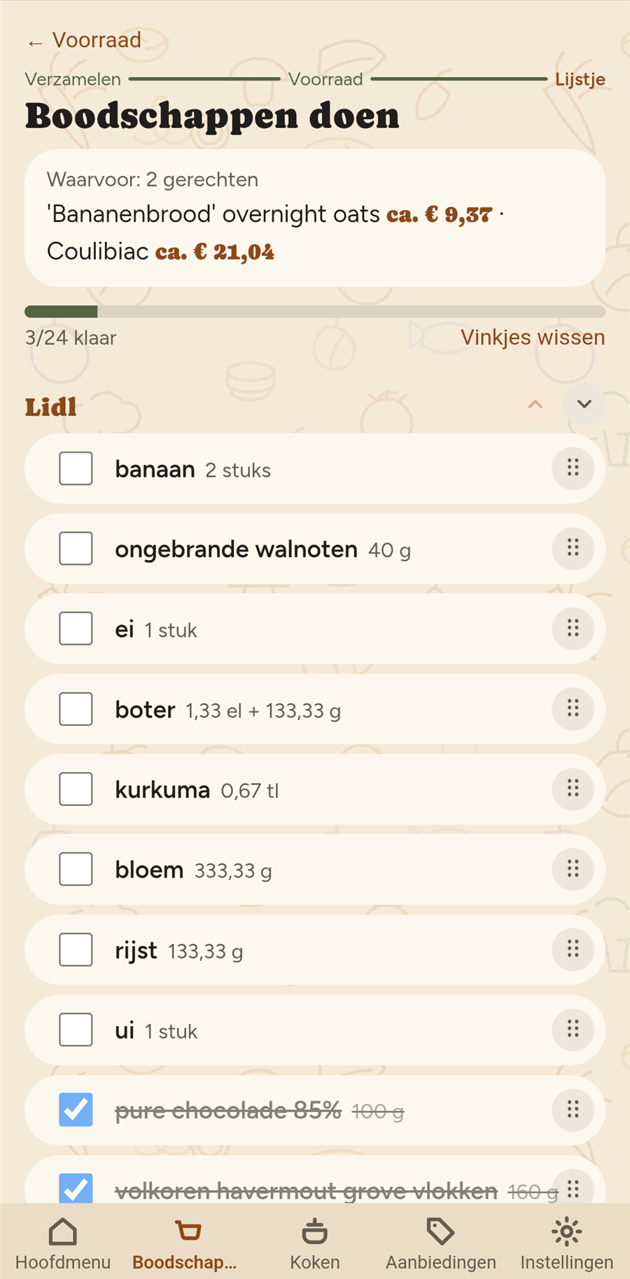 Der Einkaufszettel in der App: Zutaten nach Läden sortiert, mit Haken, Mengen und Preisen